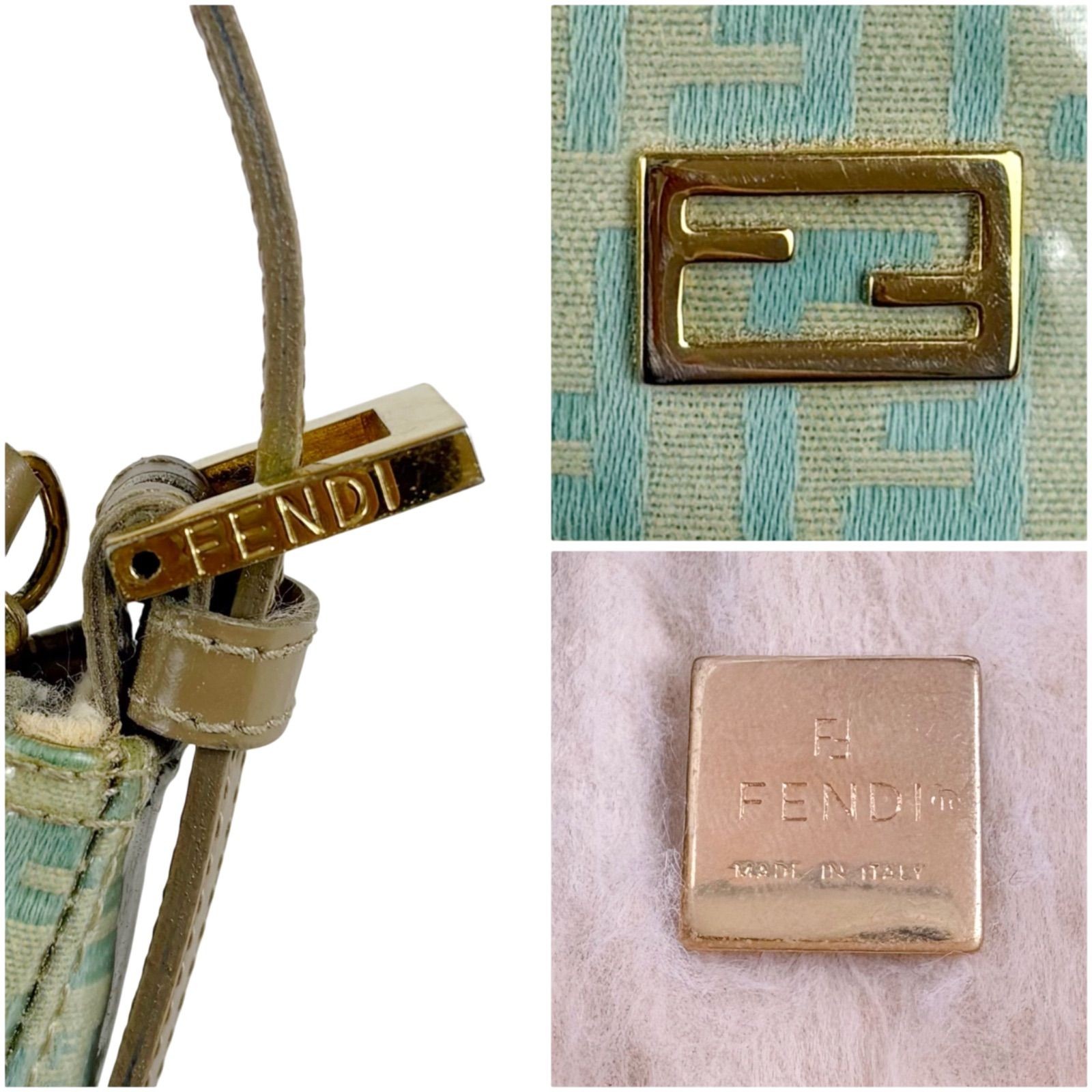 Fendi Zucchino Mini Handbag Pouch PVC Canvas Light Blue Green FF 19cm x 14cm