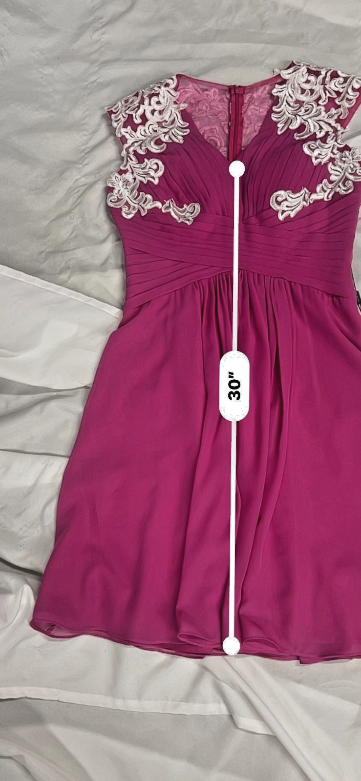 NWT JJ’s House Fuchsia Pink V-Neck Chiffon Cocktail Dress with Lace Appliques