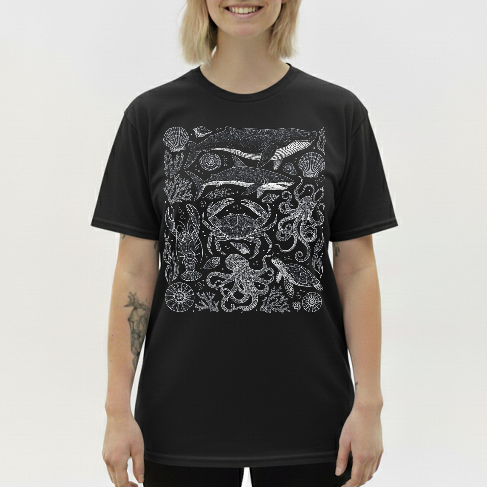 Marine Life Whale Crab Octopus Nautical Retro Engraving Vintage Gift Tee