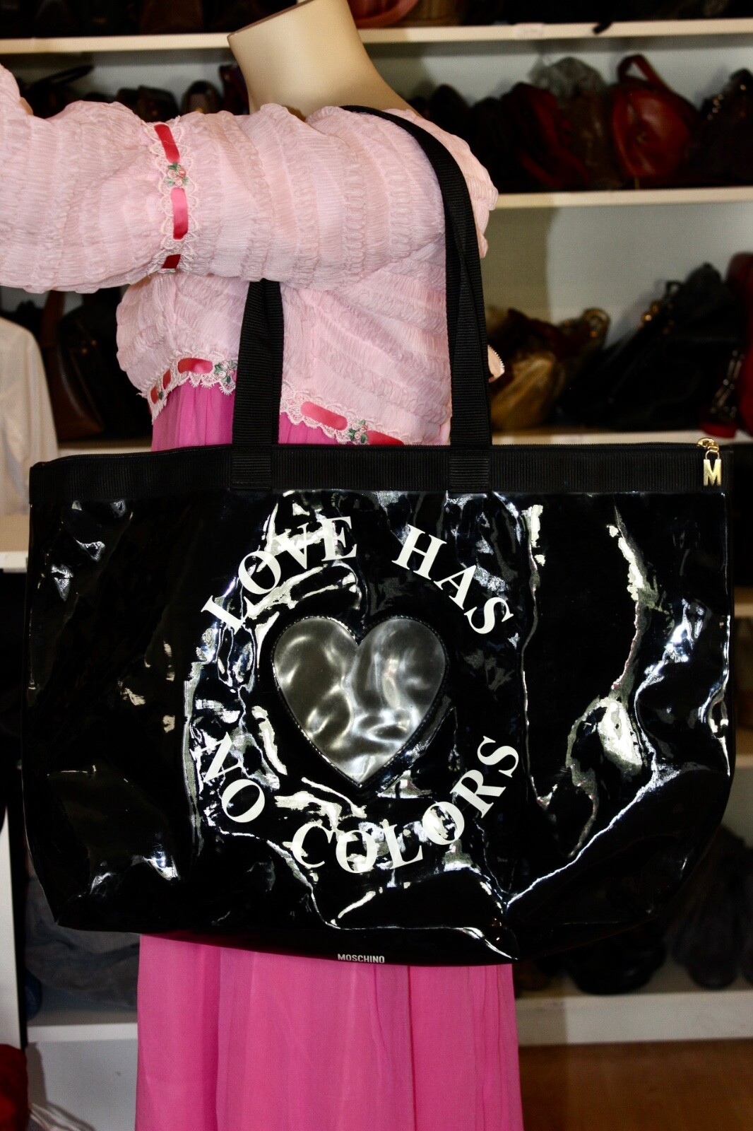 MOSCHINO Redwall Large Black Enamel Tote Bag Hand Bag See Thru Heart Italy