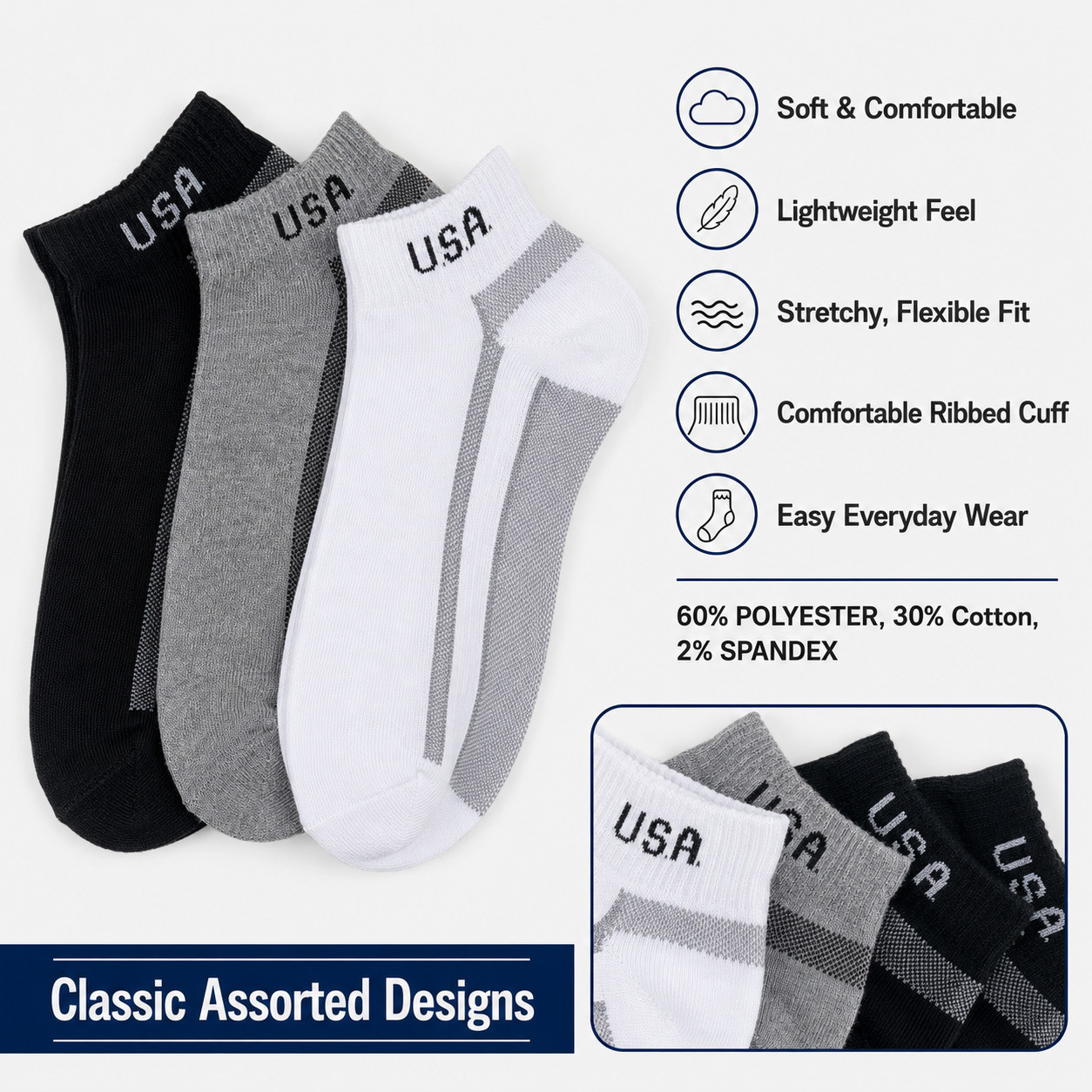 6–12 Pairs USA Logo Cotton Blend Soft Stretch Ankle Sports Socks for Men & Women