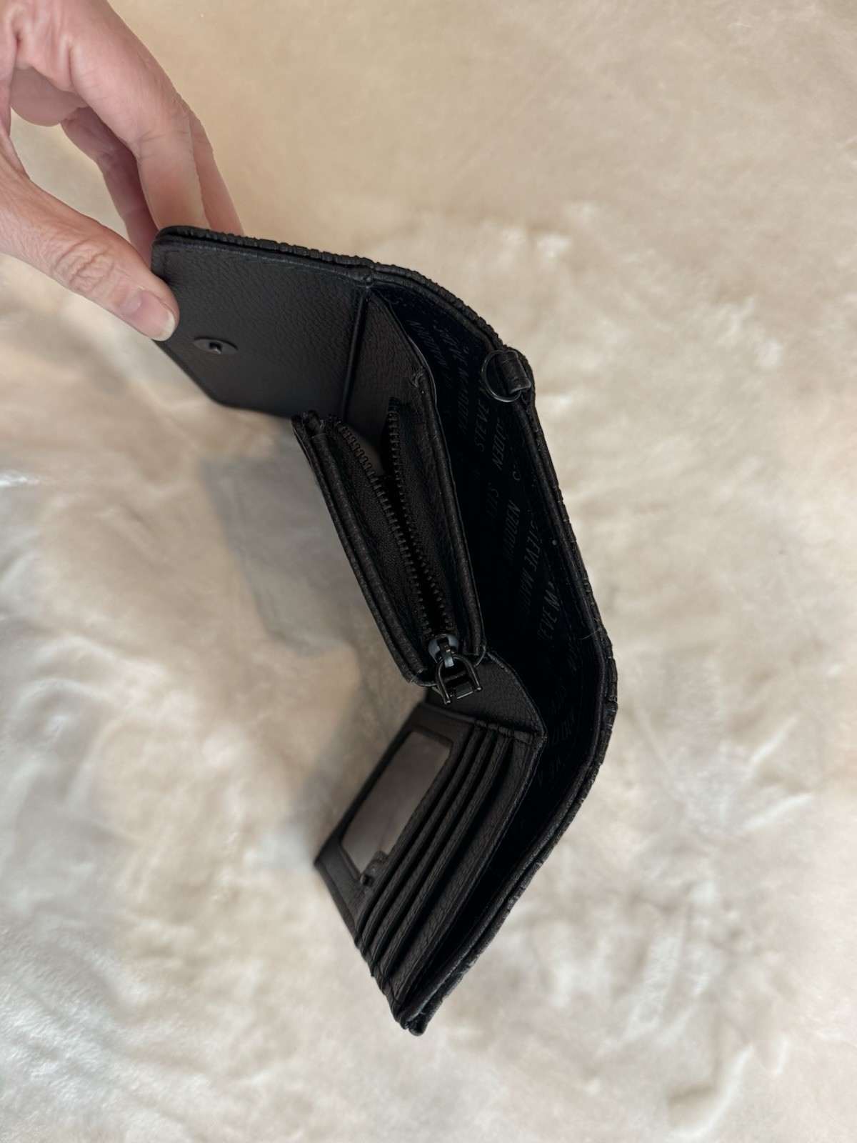 Steve Madden Black Folding Wallet Logo Zipper Button Credit Card Women