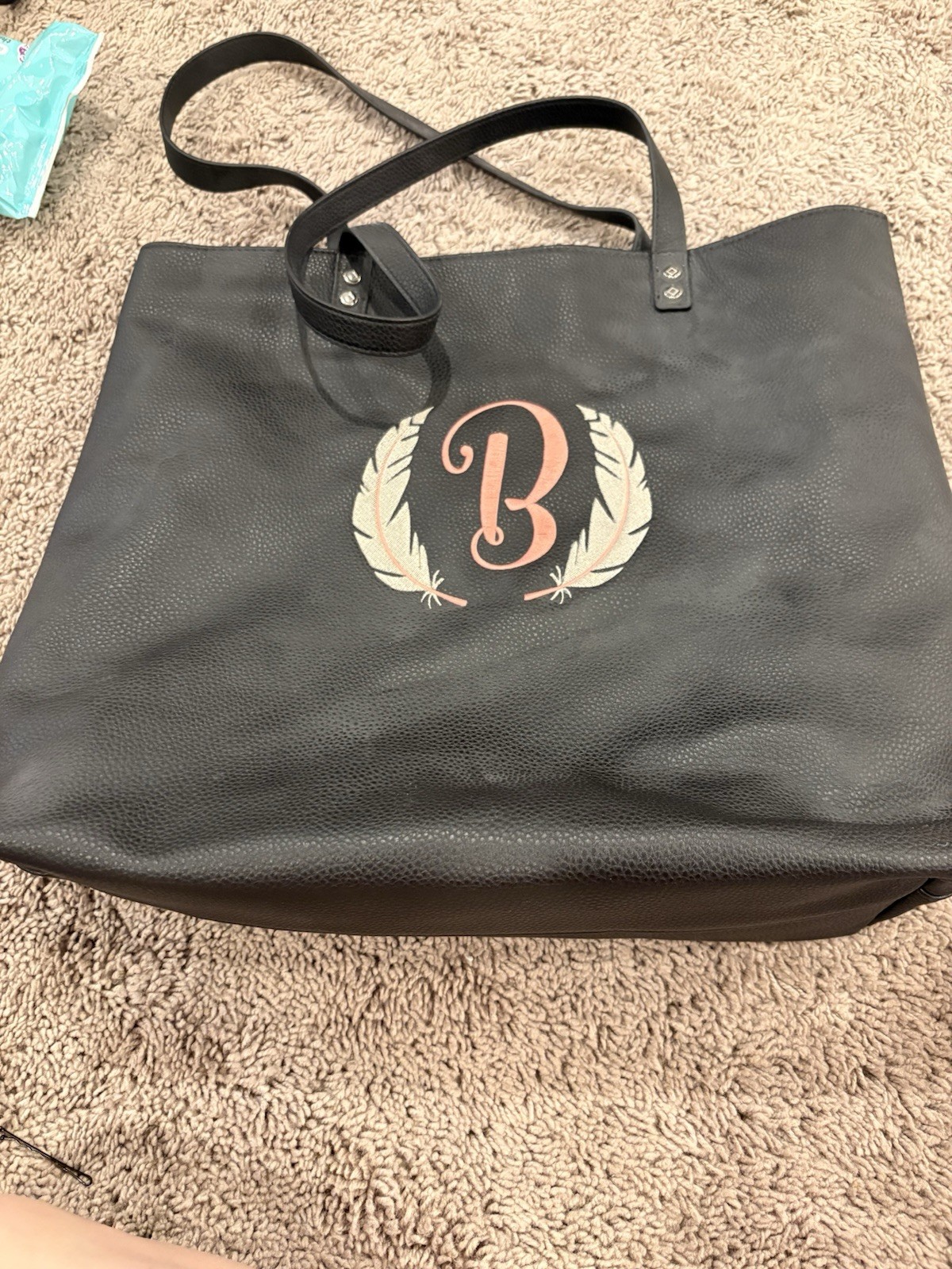 Thirty-One Black Large Tote Bag Monogram B Detachable Strap Inner Pockets