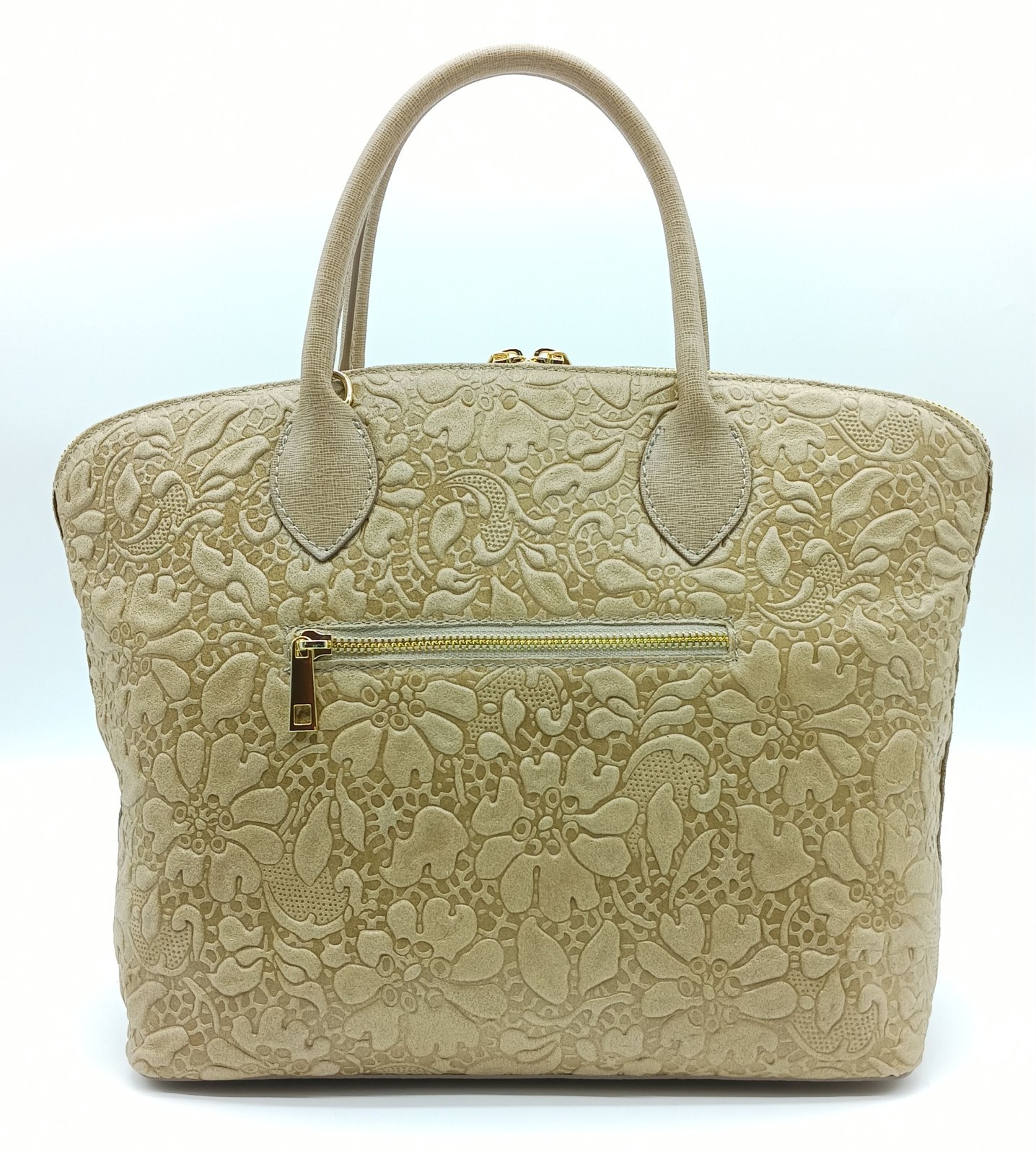 Taupe Italian Genuine Leather Floral Embossed Handbag Satchel – Made In Italy