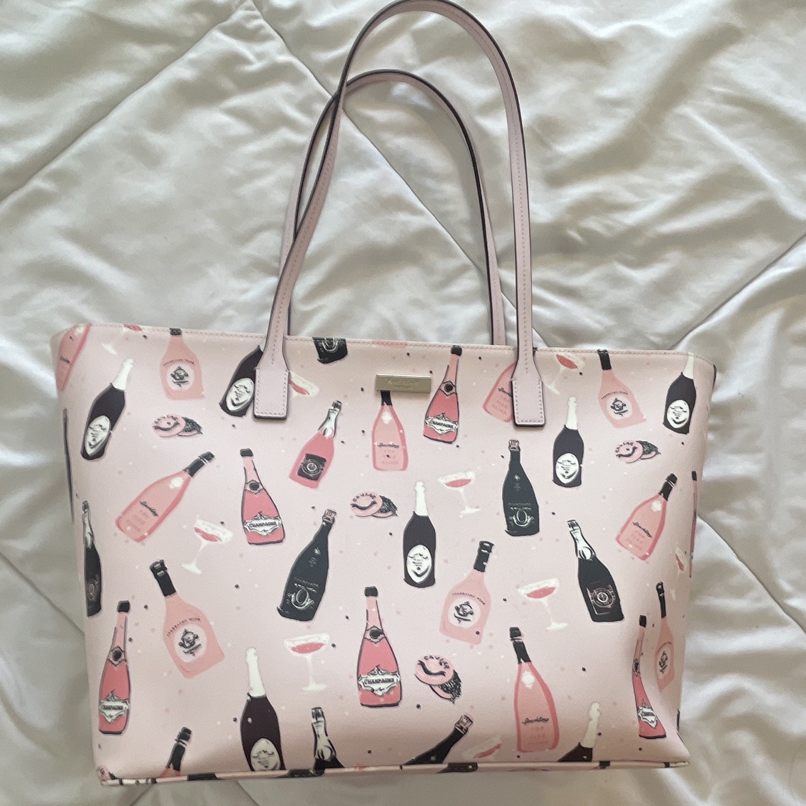 kate spade new york Large Pink Bottle Print Zip Tote w/ Pouch, Inner Pockets