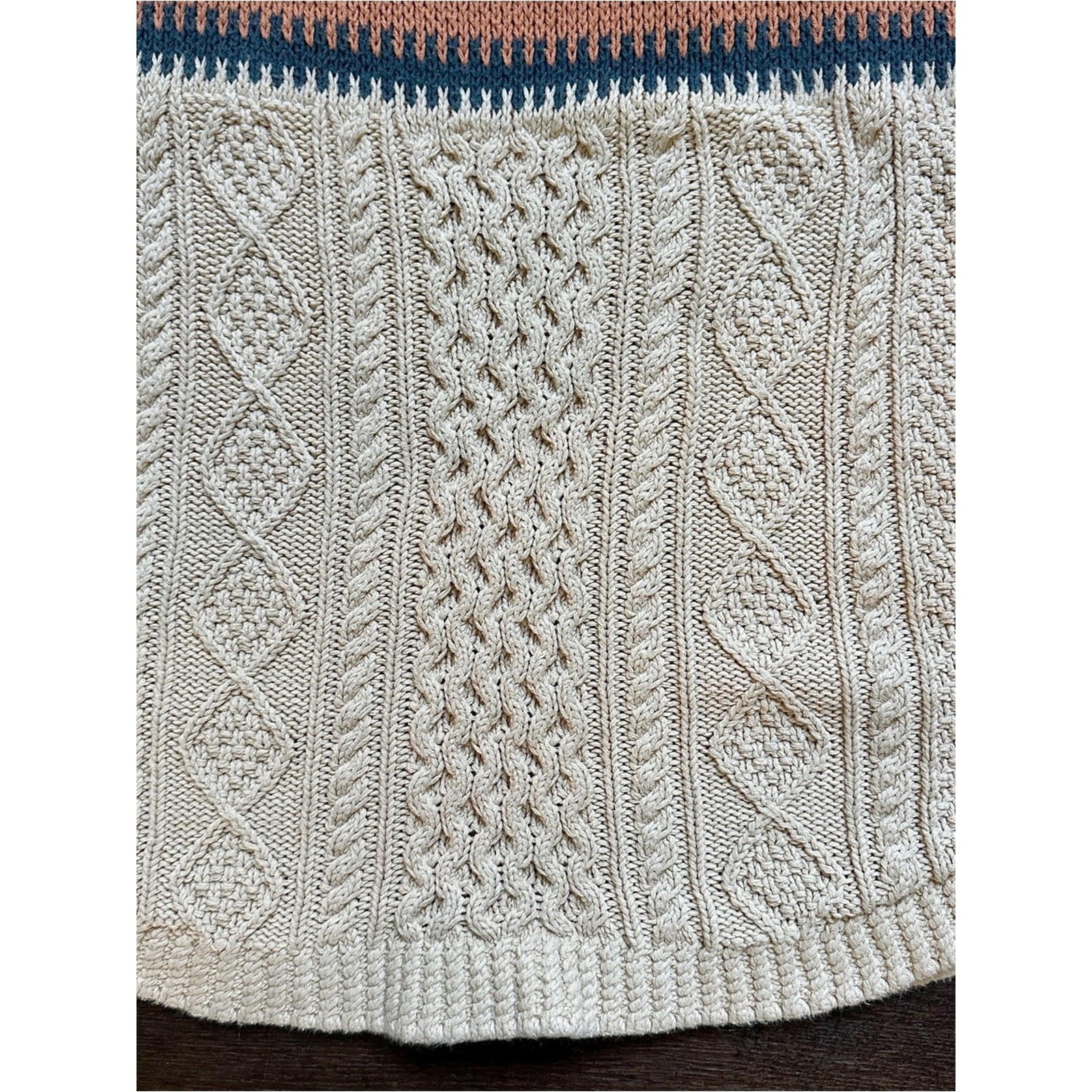 LL Bean Signature Cable-Knit Sweater Cream & Rust Size L 100% Cotton
