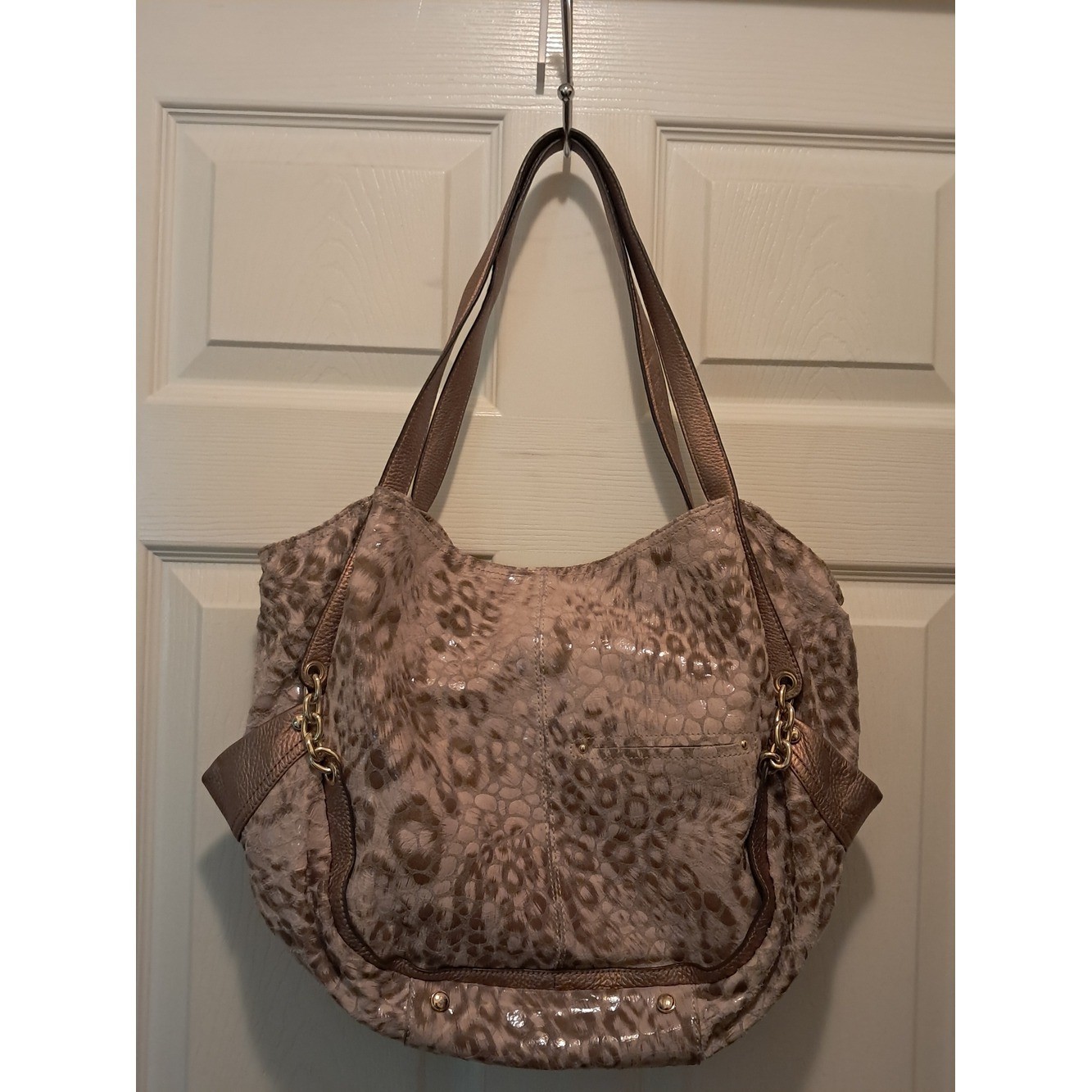 B. Makowsky Beige Shoulder Bag with Gold Hardware