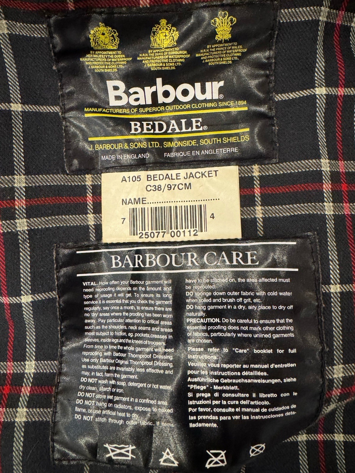Barbour Bedale A105 Men’s Navy/Black Waxed Jacket Size 38 Lined Pockets