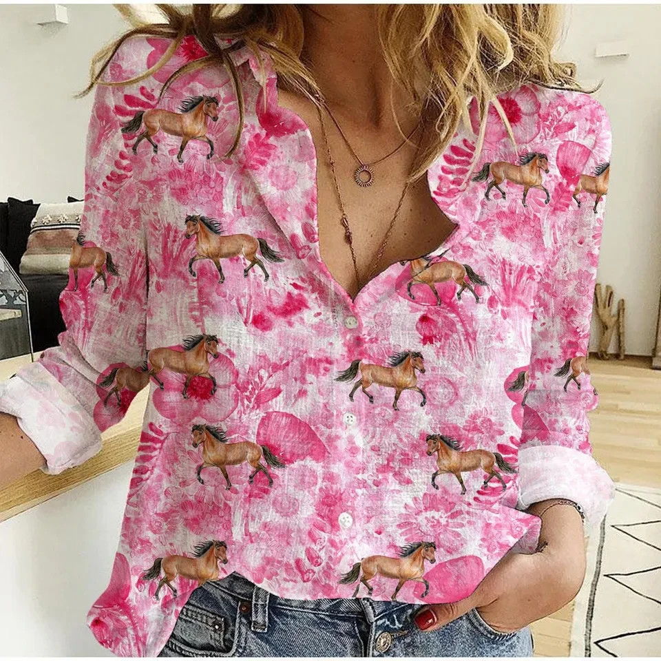 Equestrian Horse Floral Shirt Vintage Nature Women Blouse Casual Gift