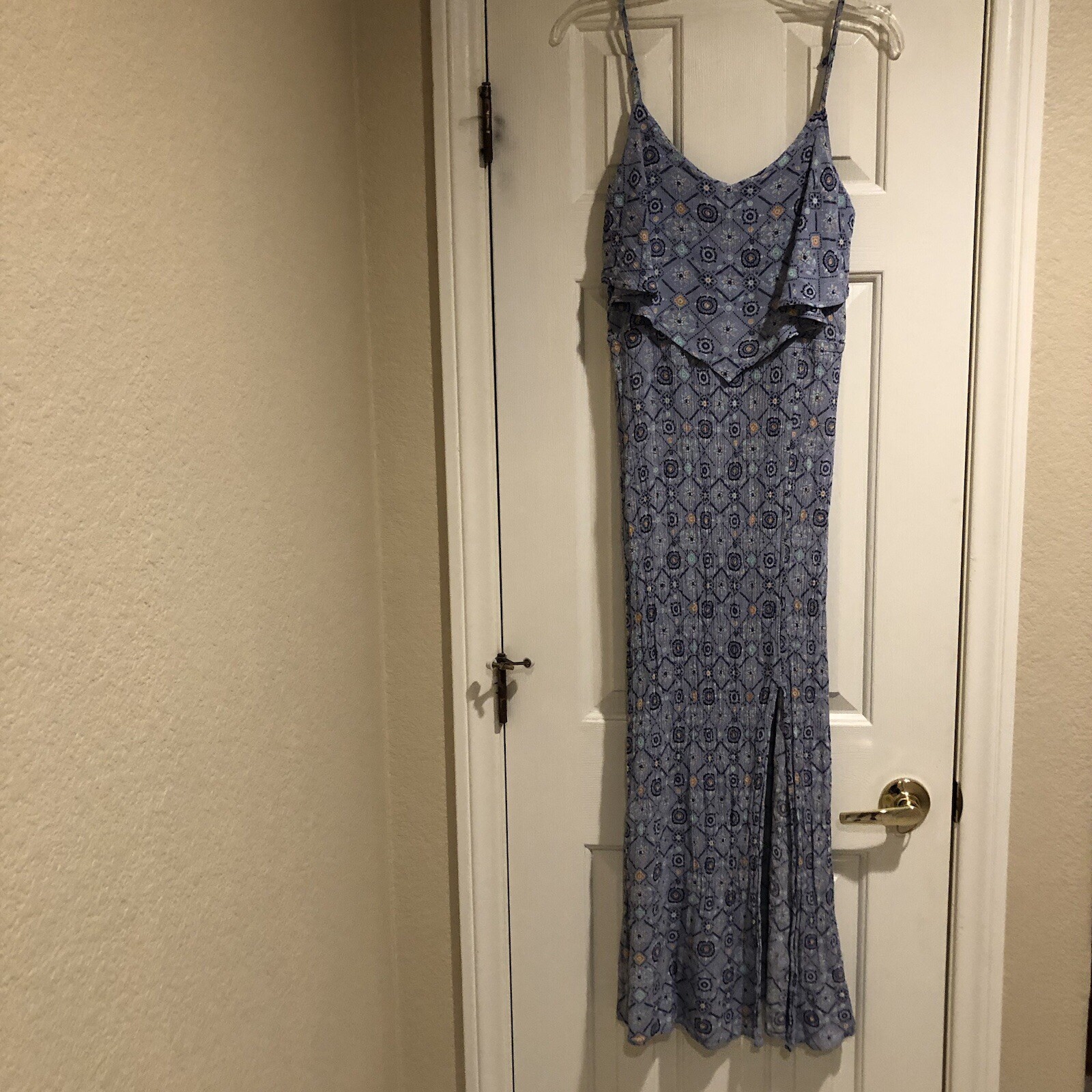 Mudd Blue Floral Maxi Dress Size Large Adj Straps Flounce Front Gauz Fabric Boho
