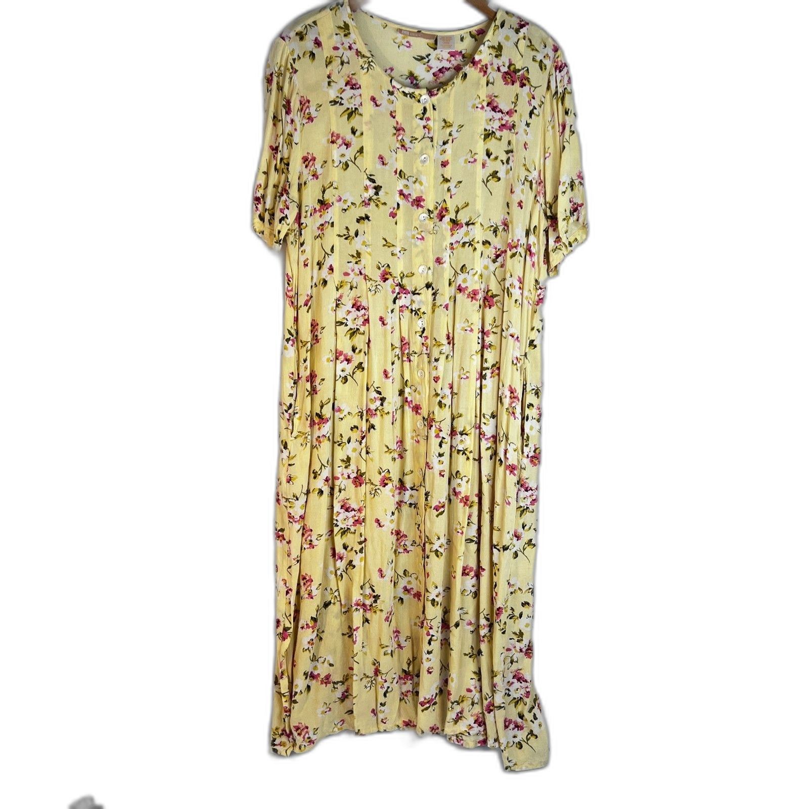 LaCera Floral Print Cottage Core Maxi Dress Button Front Sz LG Yellow Boho