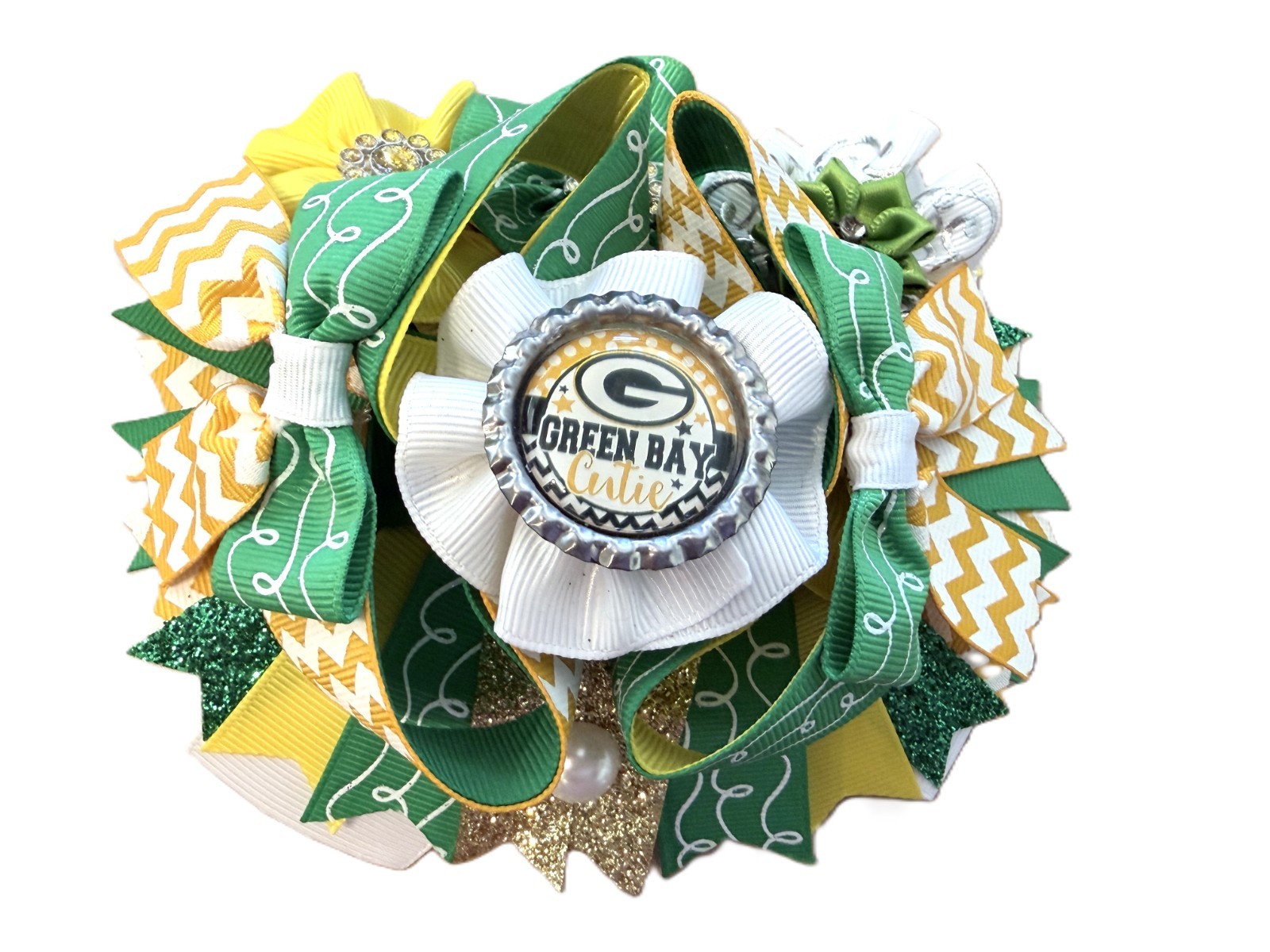 Green Bay Packers Football Inspired Hair Bow 5-1/2″ OOAK Handmade NEW