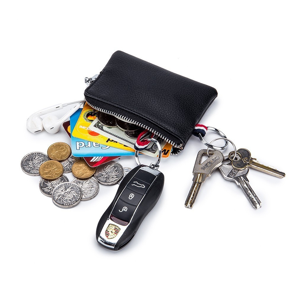 Genuine Leather Coin Purse Change Pouch With Zipper & Key Chain For Men Women