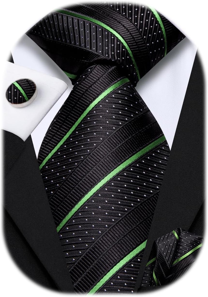 Hi-Tie Silk Ties for Men Plaid Paisley Striped Necktie Pocket Black Green