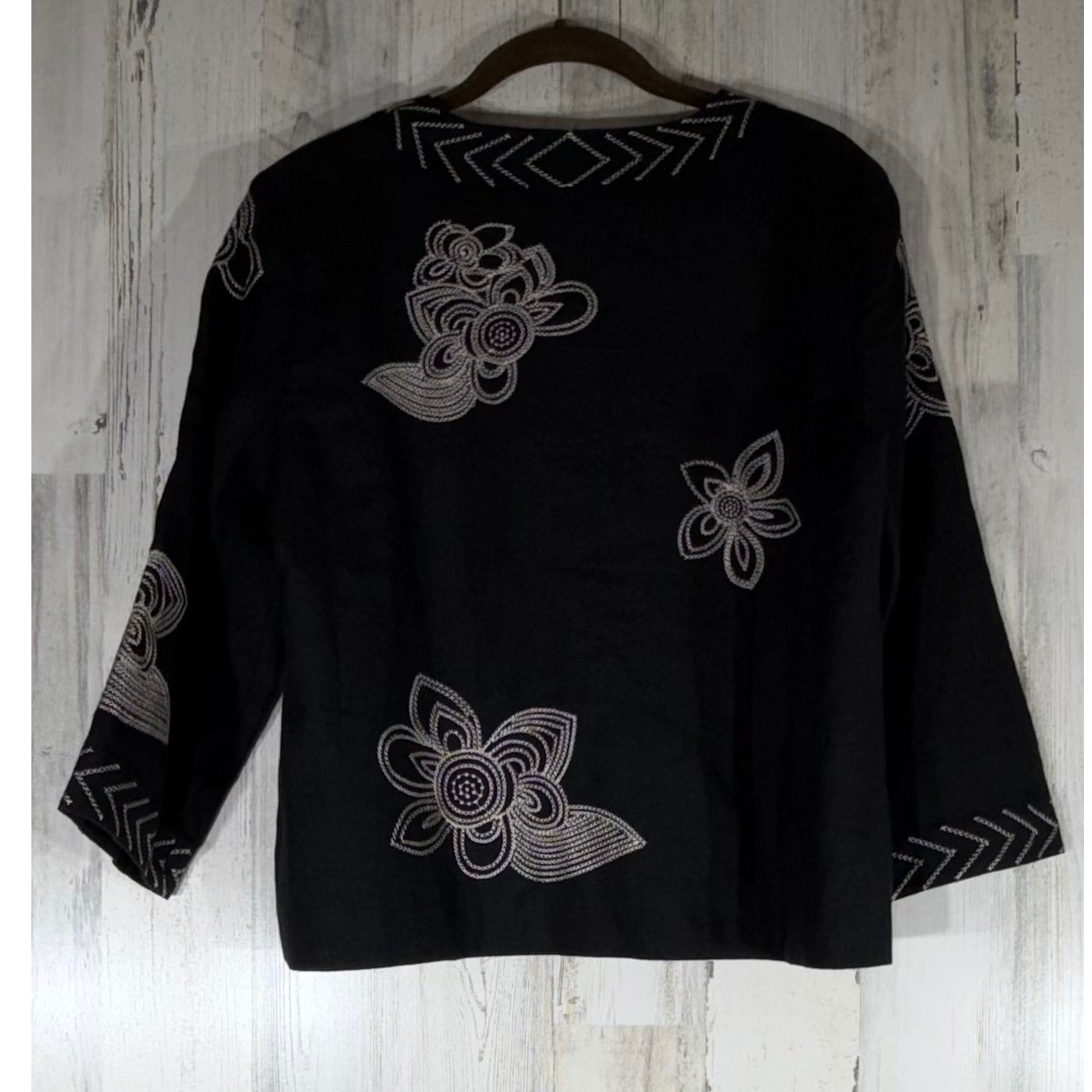 Saint Tropez West Linen Blazer Jacket Large Black Floral Embroidered Hook & Eye