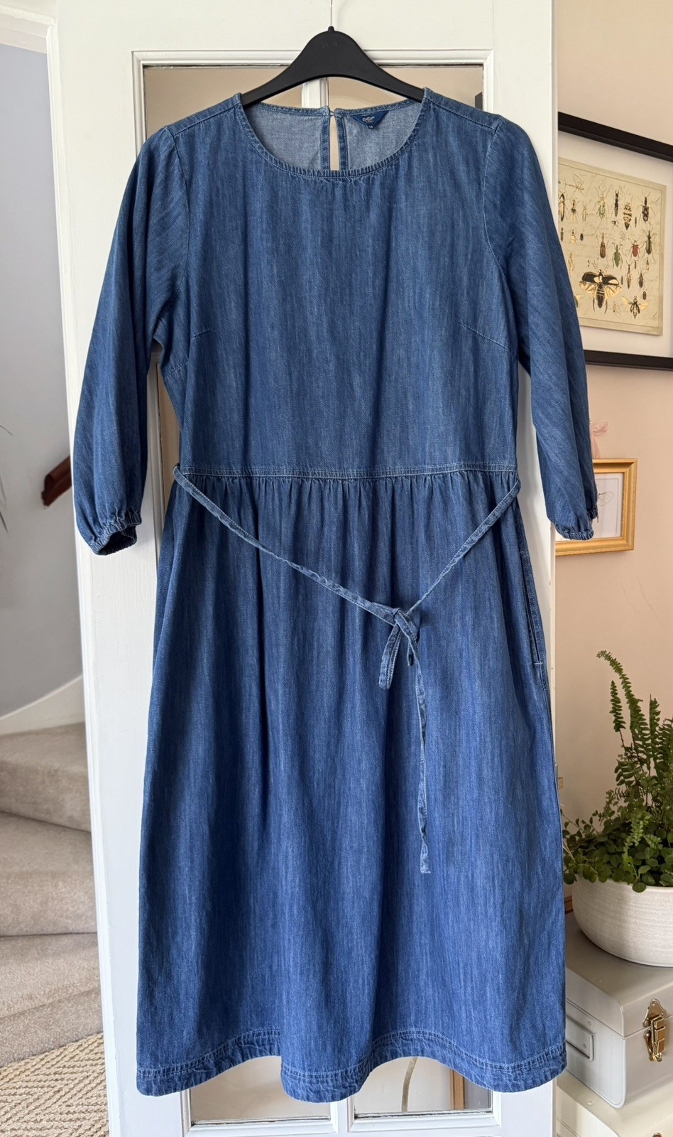 Cotton Traders Blue Stonewash Denim Jean Midi Dress Tie Belt 3/4 Sleeve Size 16