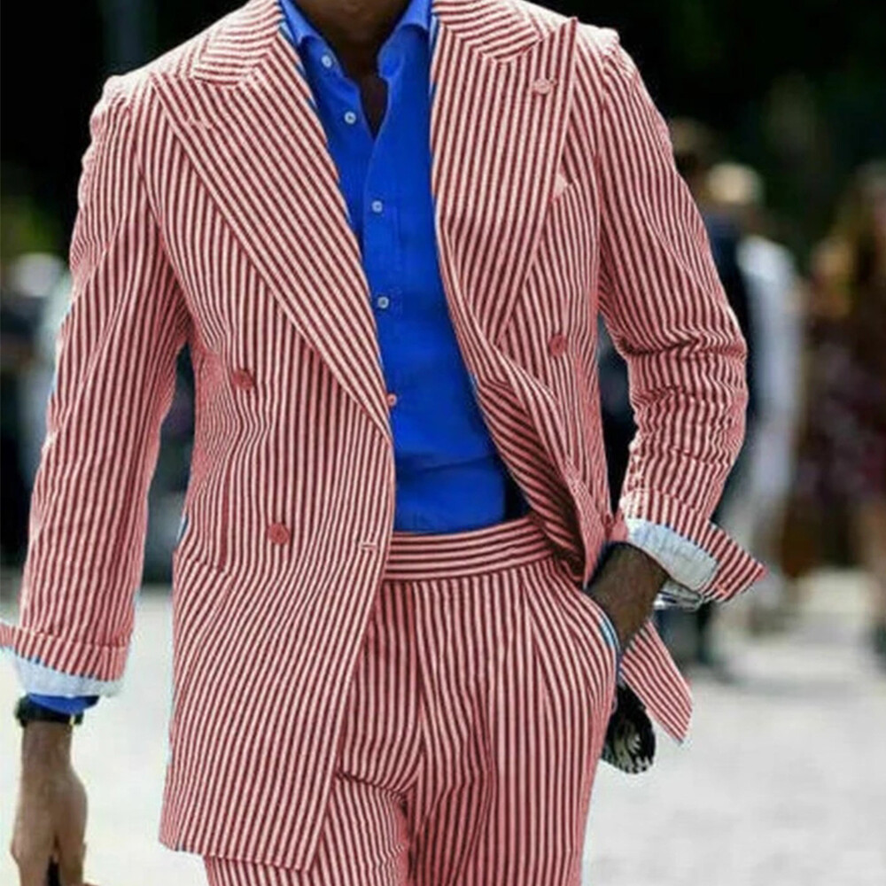 Striped Seersucker Men’s Suits Double Breasted Formal Business Office Jacket Set