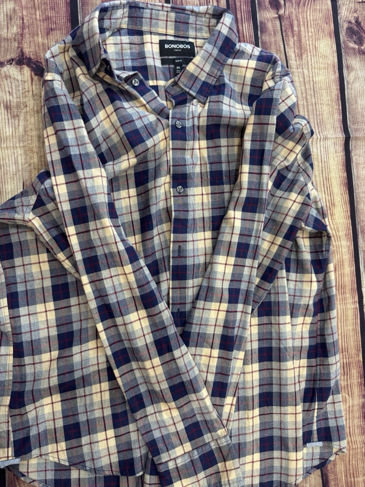 Bonobos Men’s Slim Fit Stretch Plaid Blue Woven Cotton Button-Up Shirt LS 2XL