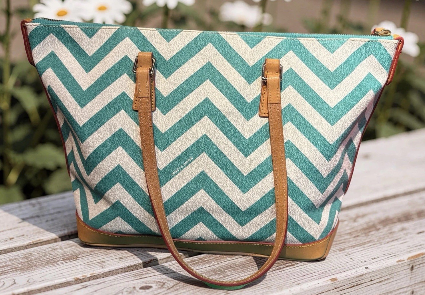 Dooney Bourke Turquoise Spearmint Green Chevron Large Shopper Tote Shoulder Bag