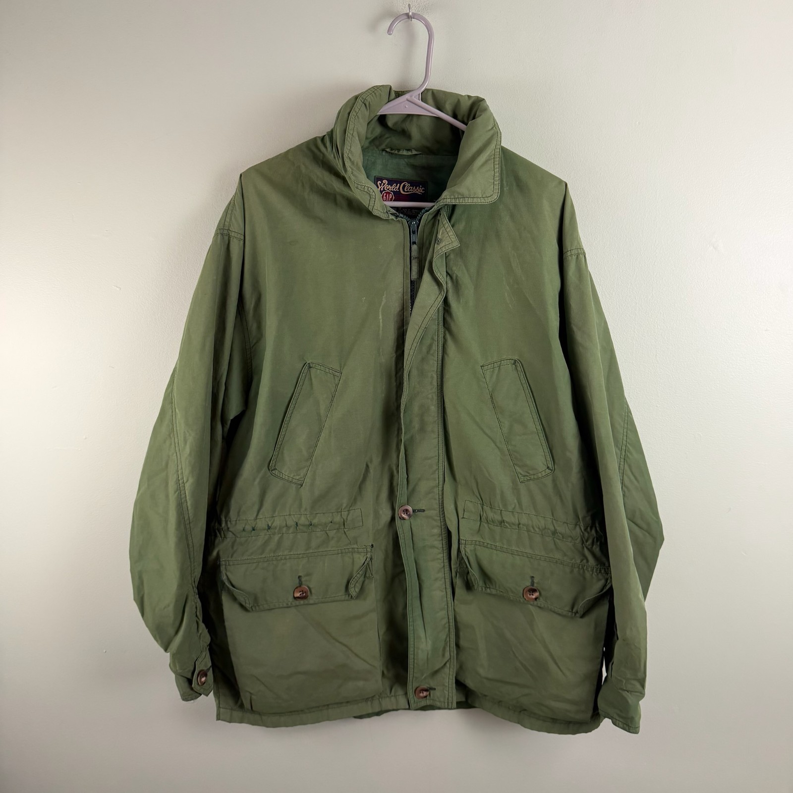 Vintage 90s Gap Fatigue Full Zip Cotton Blend Jacket Faded Lightweight Green