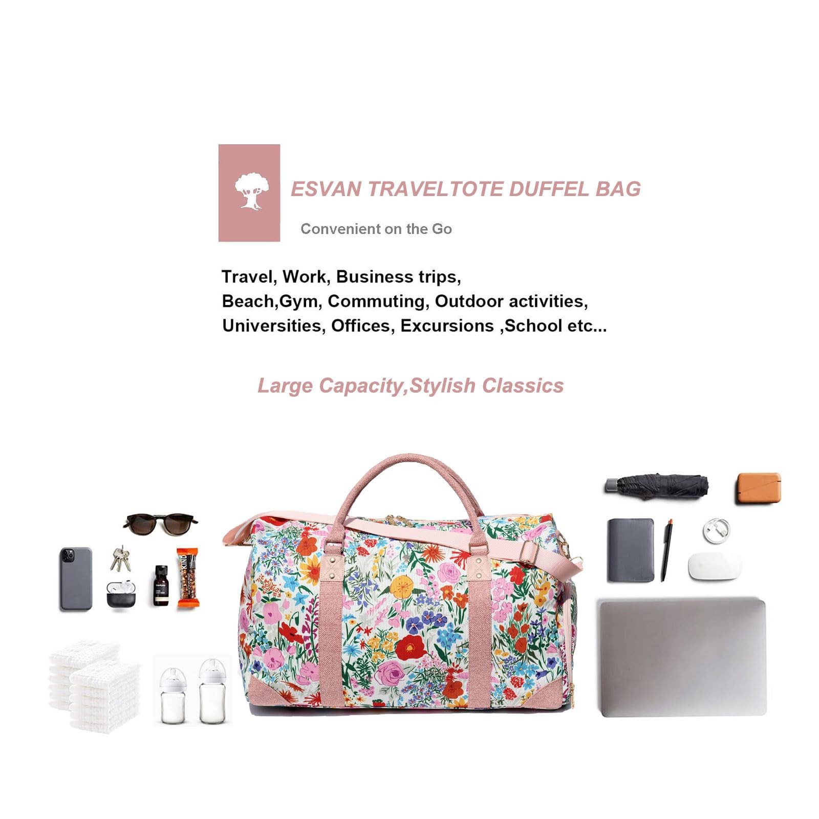 Travel Duffle Bag, Weekender Bag 21.7 x 9.3 x 11.8 inches, Canvas Pink flower