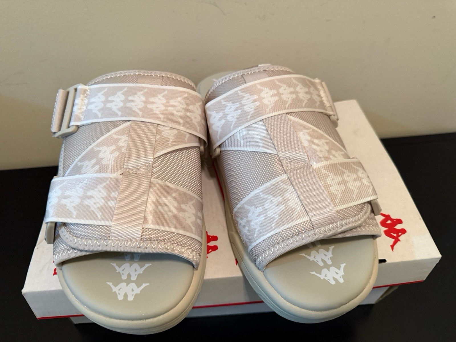 Kappa Logo Buckle Adjustable Strap Slide Sandals Beige Men Synthetic Rubber