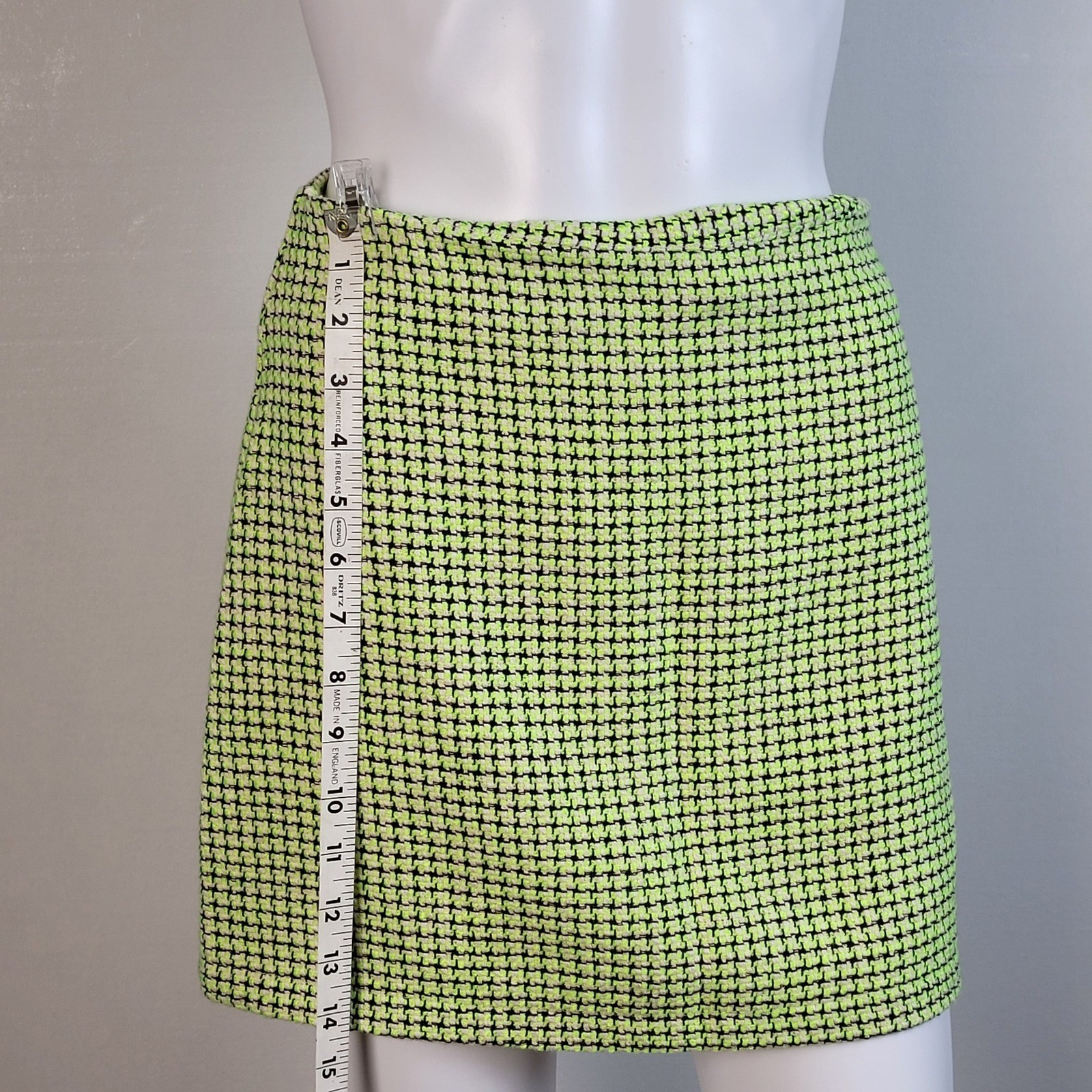 ASOS DESIGN Mini Skirt Boucle Tweed Check Lime Green Black A-Line US 4 NWOT
