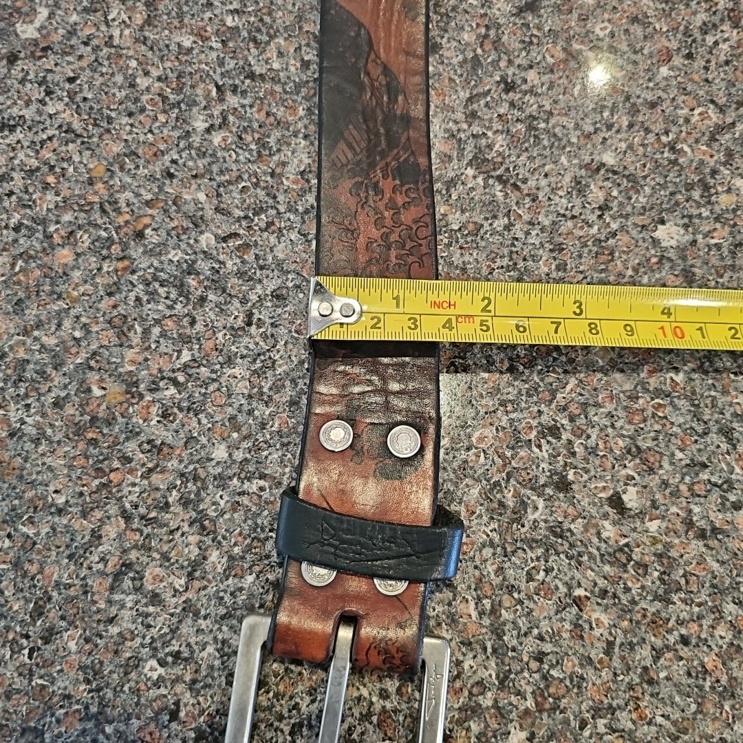 Jon Wye USA Made Brown Leather Belt Great Wave off Kanagawa Tsunami 38-45 Waist