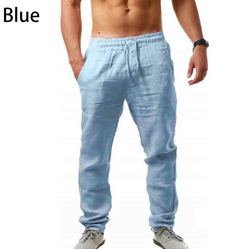 Mens Summer Linen Loose Trousers Casual Travel Beach Rope Tie Drawstring Pants