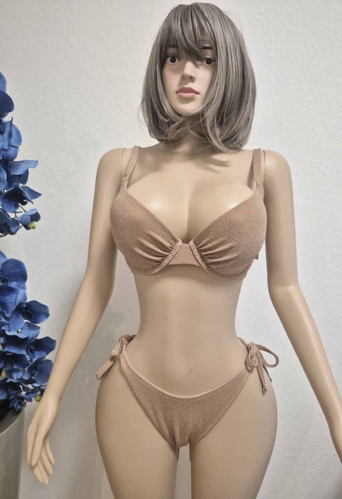 Victoria’s Secret Shimmer Bikini Set 32DDD Top XL Bottom Gold Nude NWT