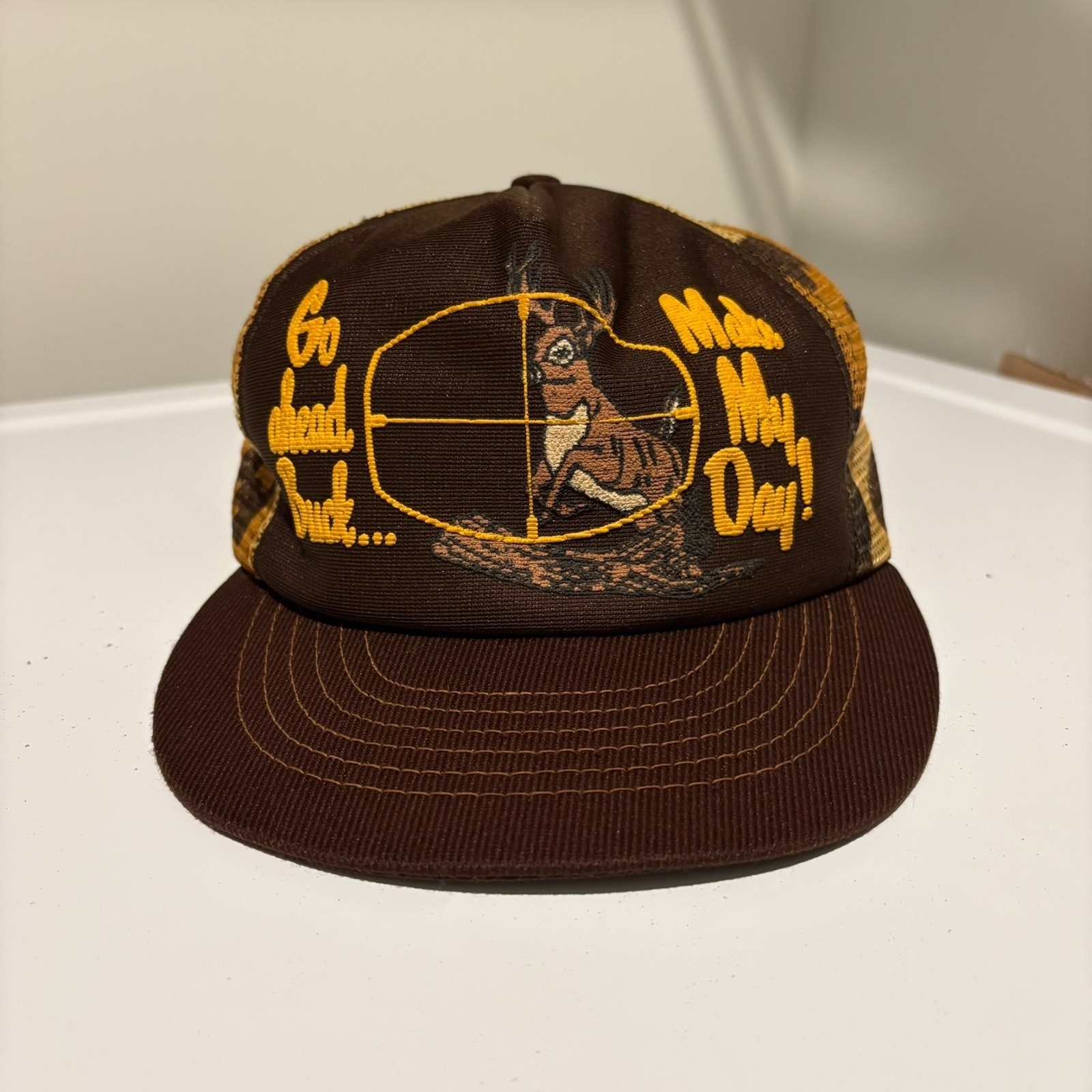 Vintage 1980s Trucker Hat Cap Camo USA Made Go Ahead Buck Make My Day Hunting