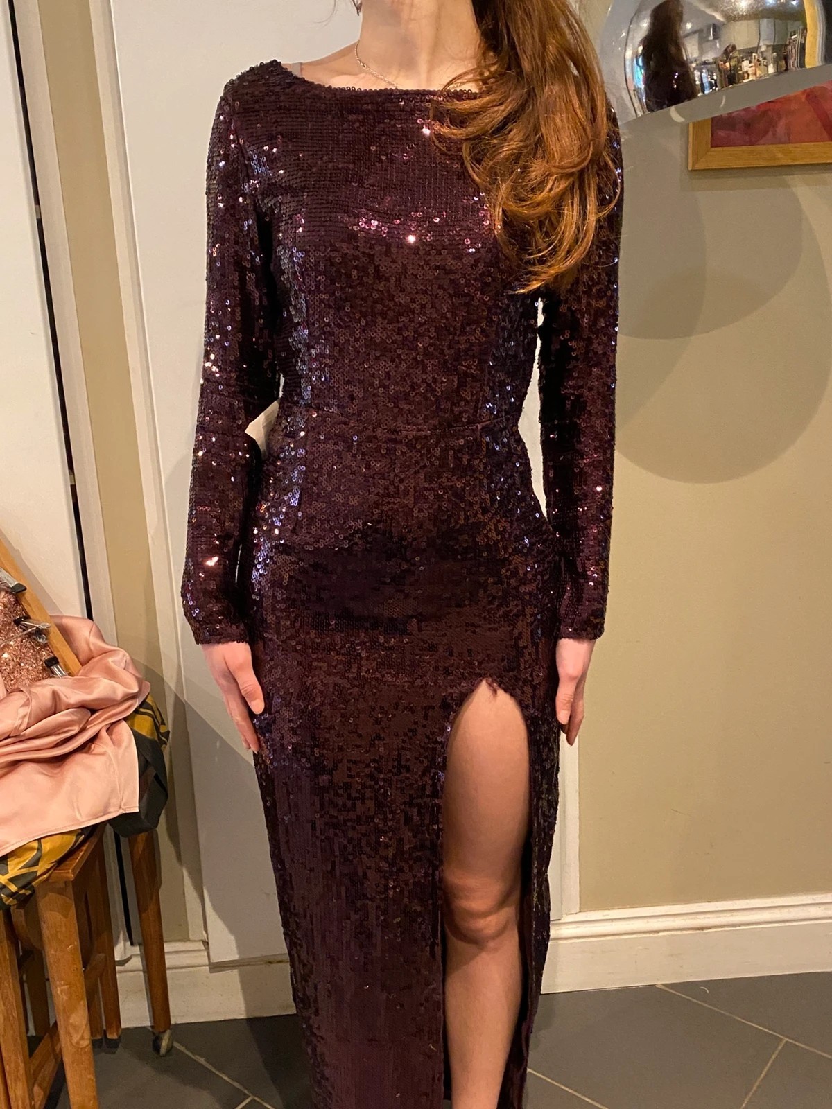 ASOS mulberry sequin maxi gown long sleeves fitted size 10 NEW