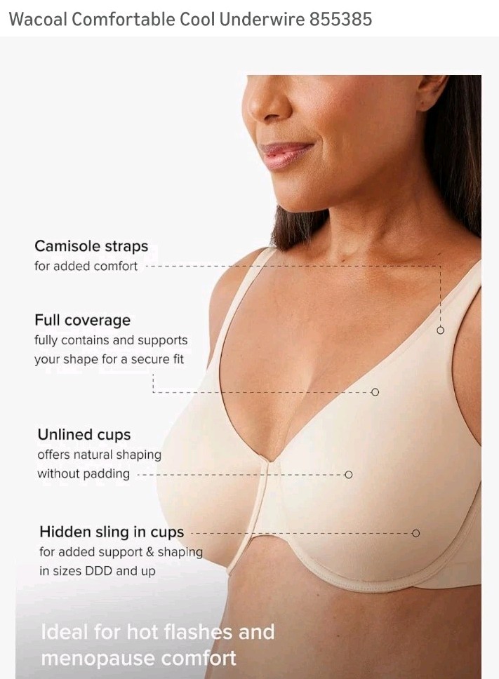 Wacoal Comfortable Cool Underwire Bra Style #855385 Size 42D Black