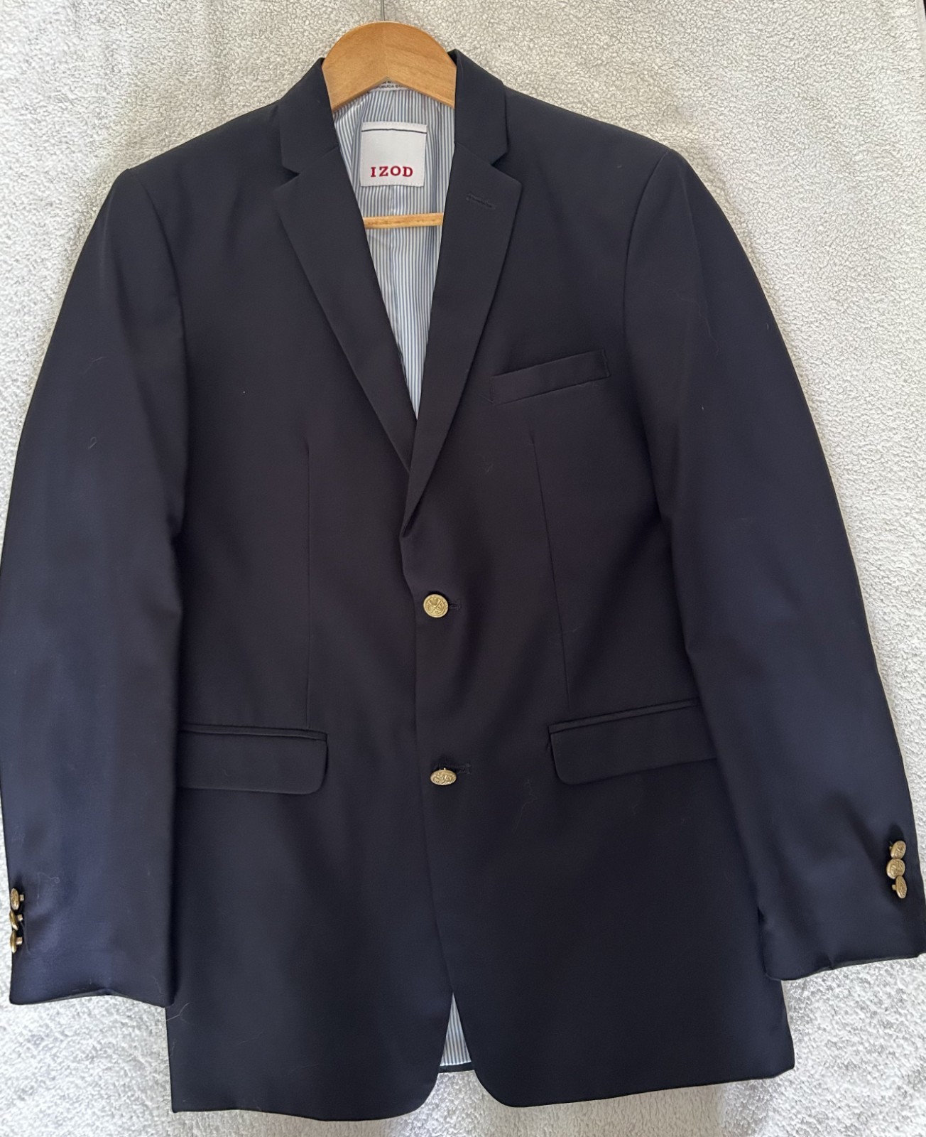 IZOD Youth Boy’s Blazer, navy with gold buttons, 18 reg, specs in photos