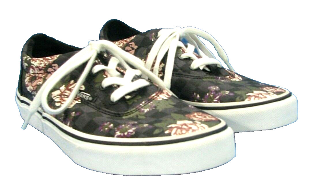 VANS Black/Multi FLOWERS CHECKERBOARD Canvas Lace-Up SNEAKERS Youth 5 Women 6.5