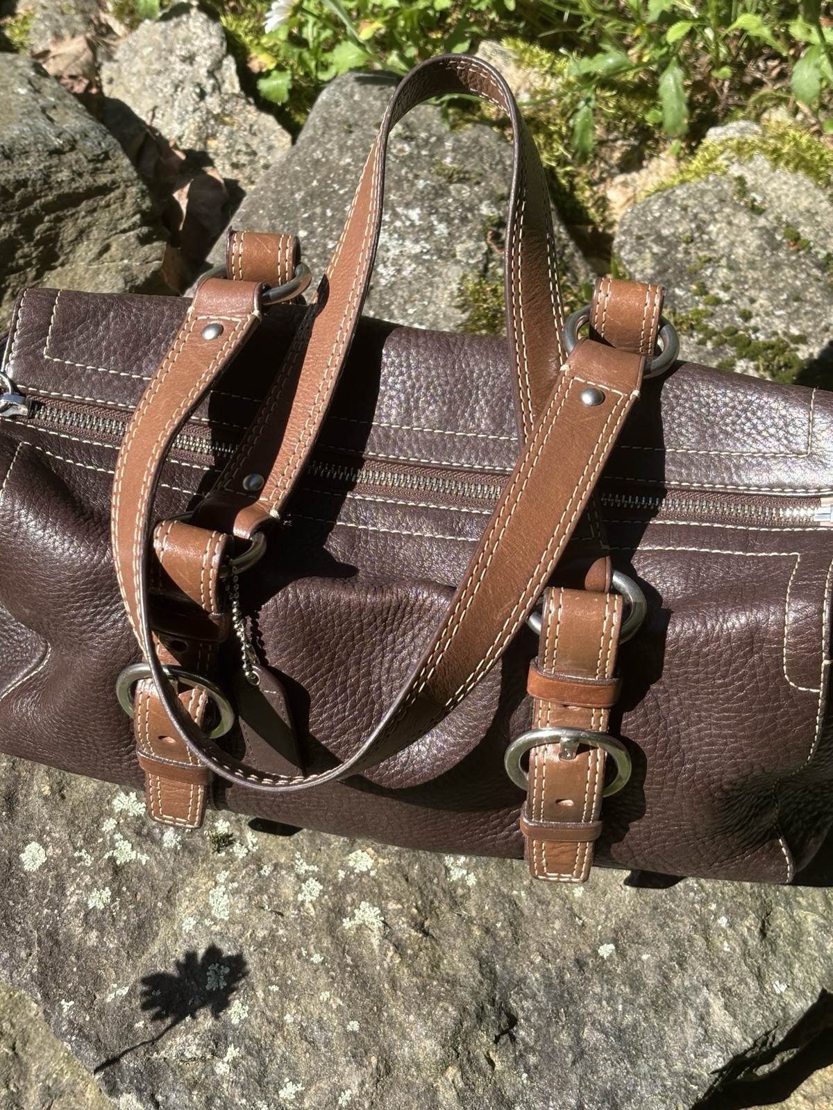 Coach F10887 Cocoa Brown Pebbled Leather Shoulder Tote Bag Purple Lining Hangtag