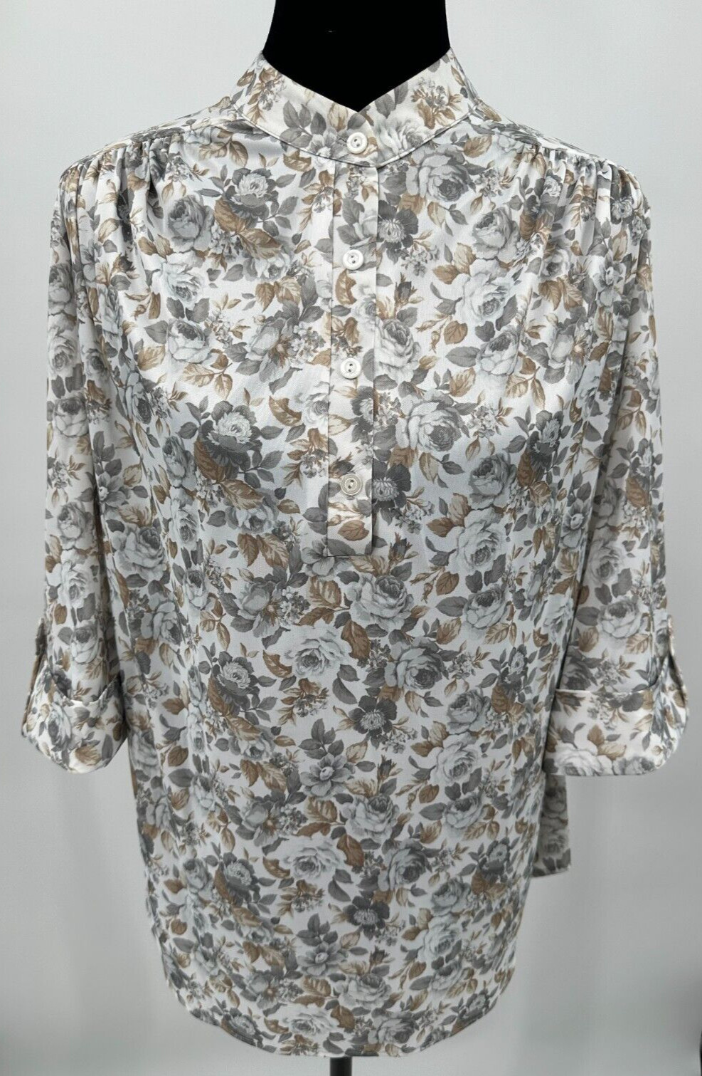 Top Notch Womens 3/4 Sleeve Blouse Size 38/18W White Rose Garden Floral Print