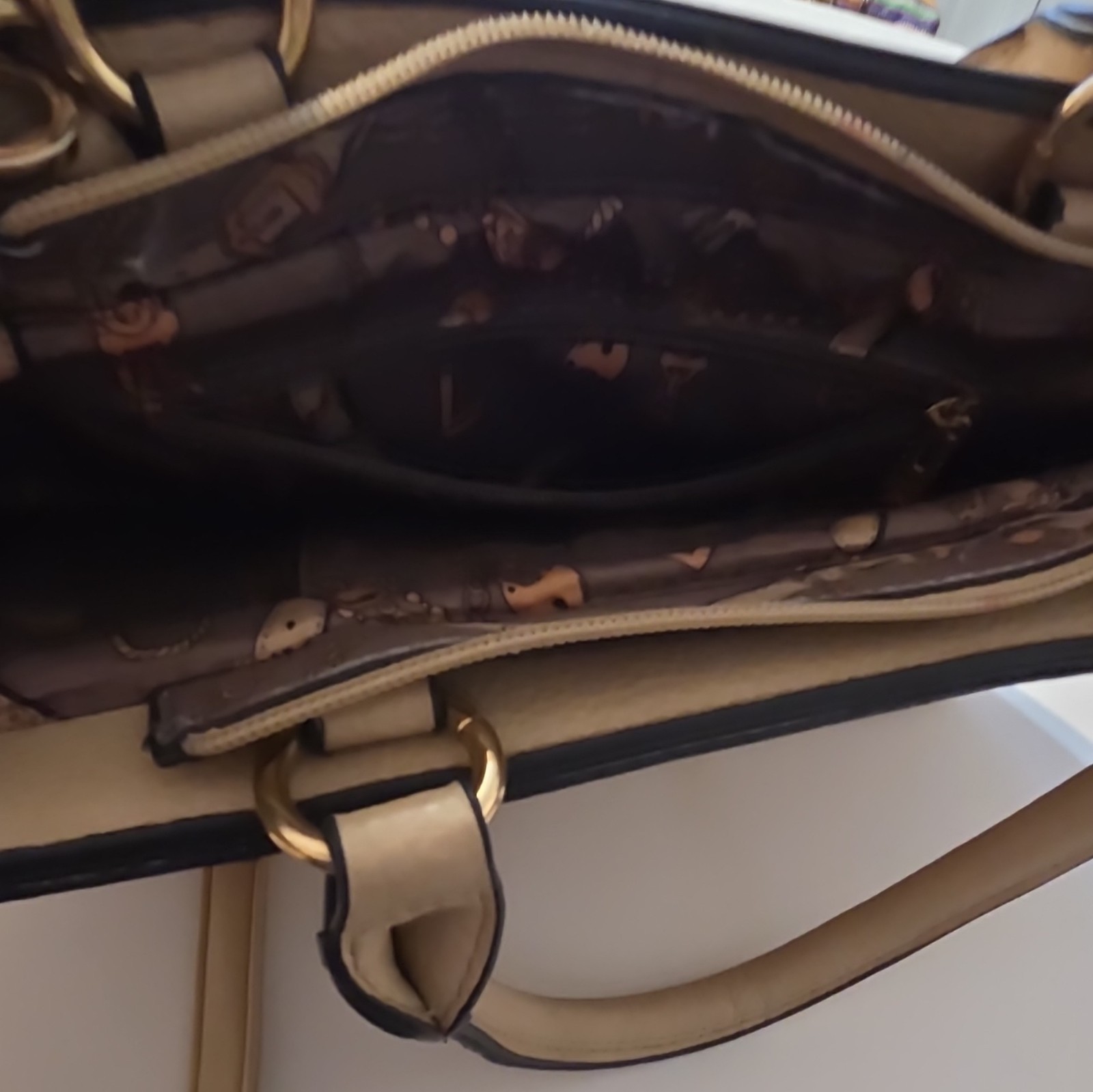 Beige Pebbled Satchel Top Handle Bag Double Handles Zip Turn Lock Strap