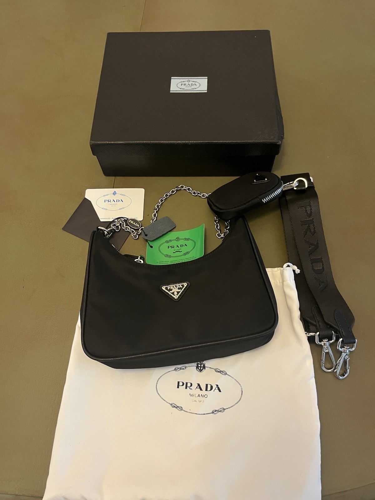 PRADA Re-Edition 2005 Black Shoulder Bag with Chain Strap and Detachable Pouch