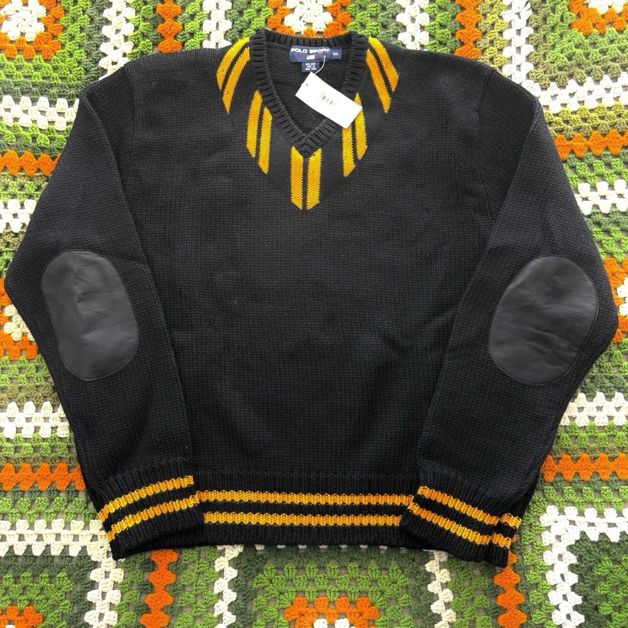 NWT VTG Polo Sport Ralph Lauren Wool Heavy Knit Sweater XXL Black Elbow Patches