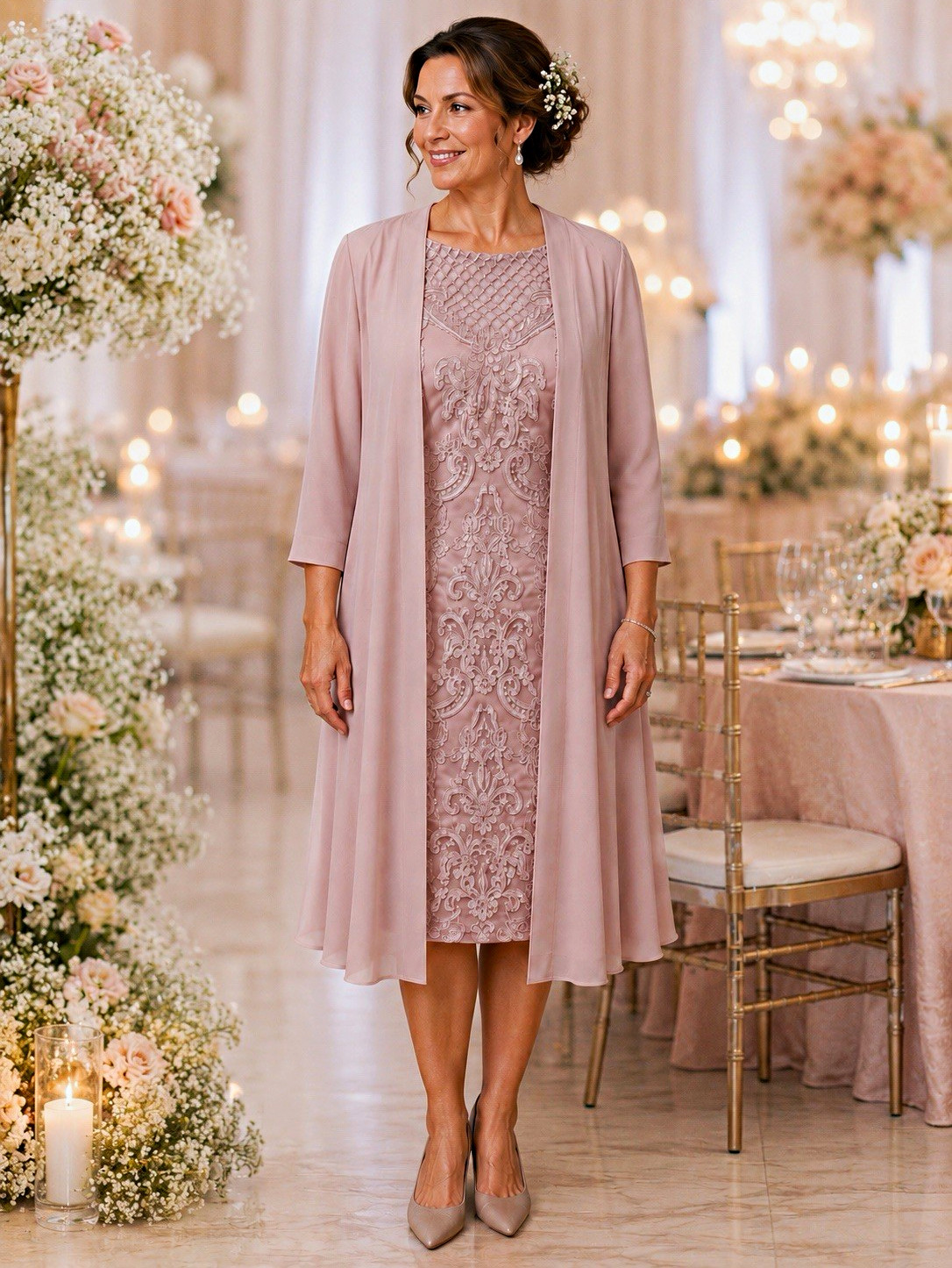 #7 – 12 Two Pc. Dusty Rose Embroidery Baroque Midi Dress & Chiffon Jacket