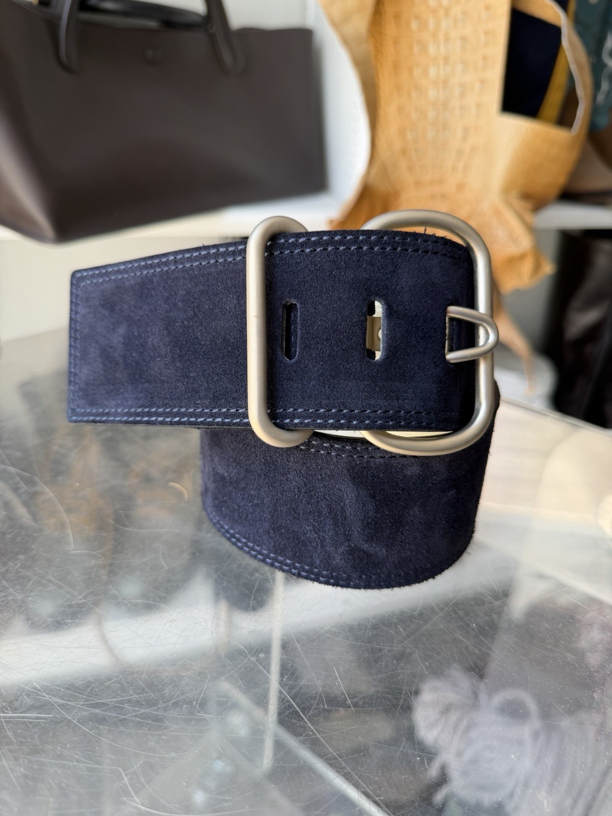 Etcetera Womens Small Navy Blue Suede Metallic Gold Italian Leather 2.25in Belt