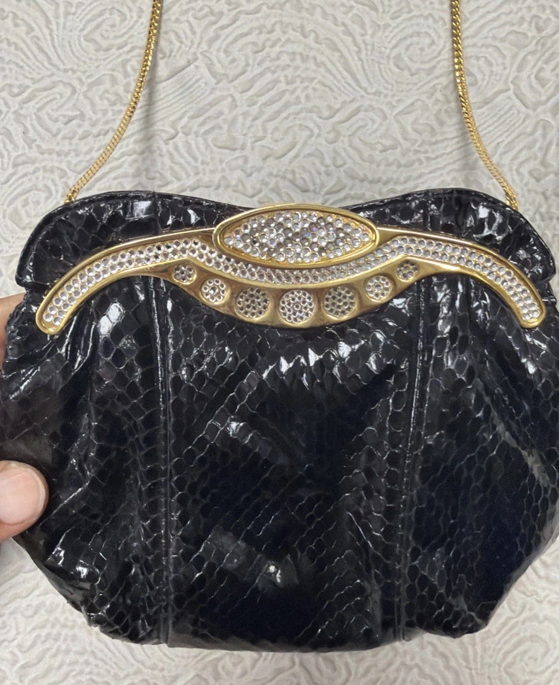 Vintage Embossed Glossy Black Snakeskin Clear Pavé-Set Crystals Jeweled Purse