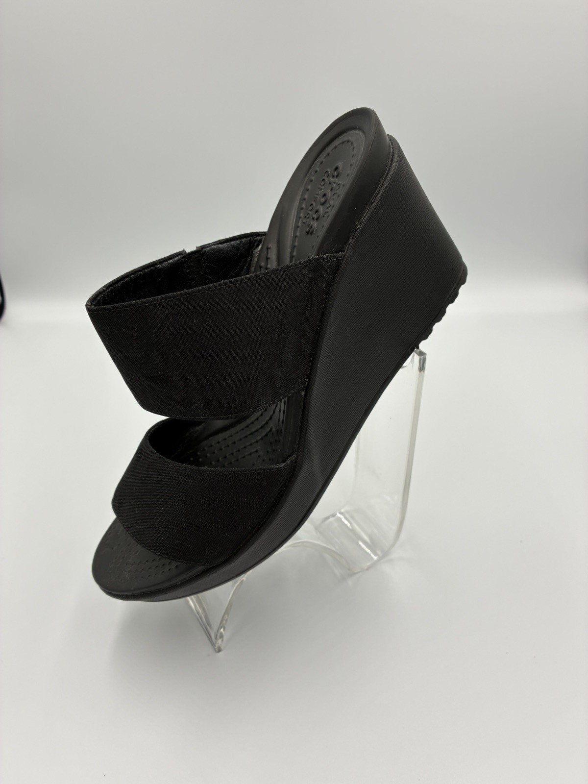 Women’s Crocs Leigh II Cross-Strap Wedge Sandals Black Canvas Platform Slides 8