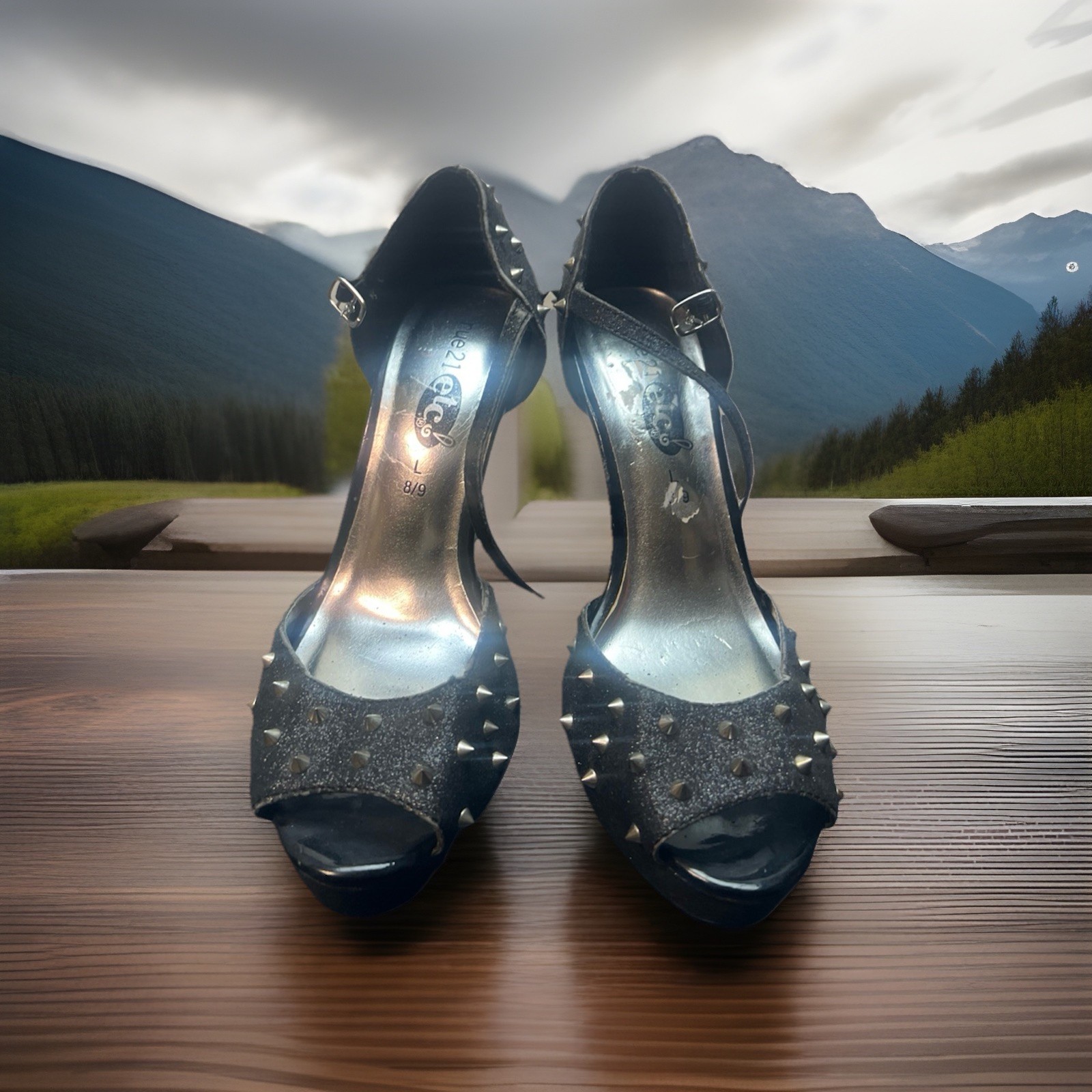 Rue 21 ect! Black Spiked Open Toe Stiletto 5.5″ Heels With Strap Size 8/9