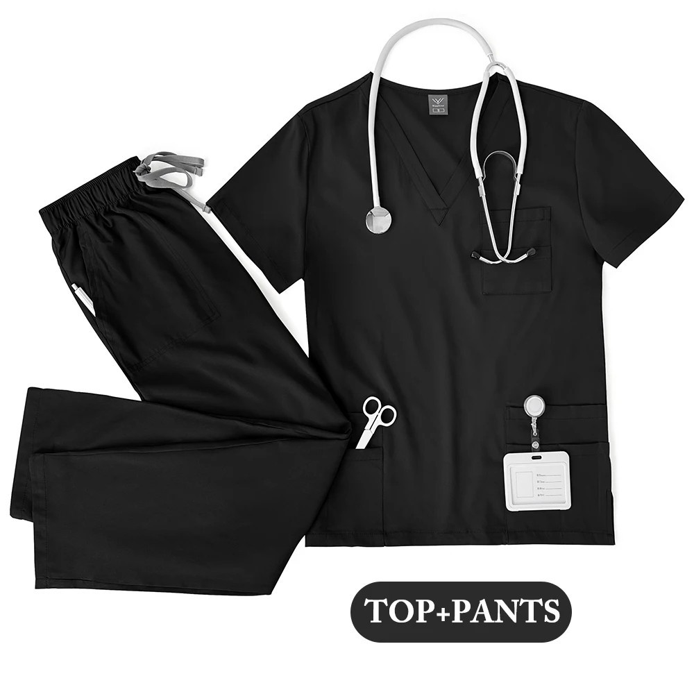 Unisex Men Women Medical Scrub Set Doctor Nurse V-neck Top Pants Uniform Suit