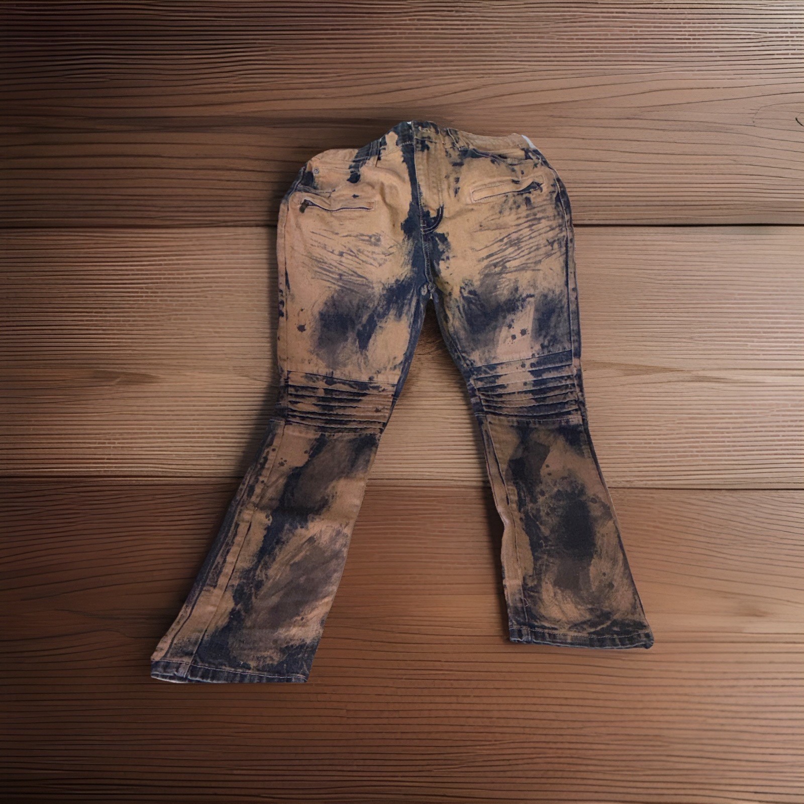 Victorious Men’s Acid Wash Beige/Black Denim Jeans Slim Straight Stretch