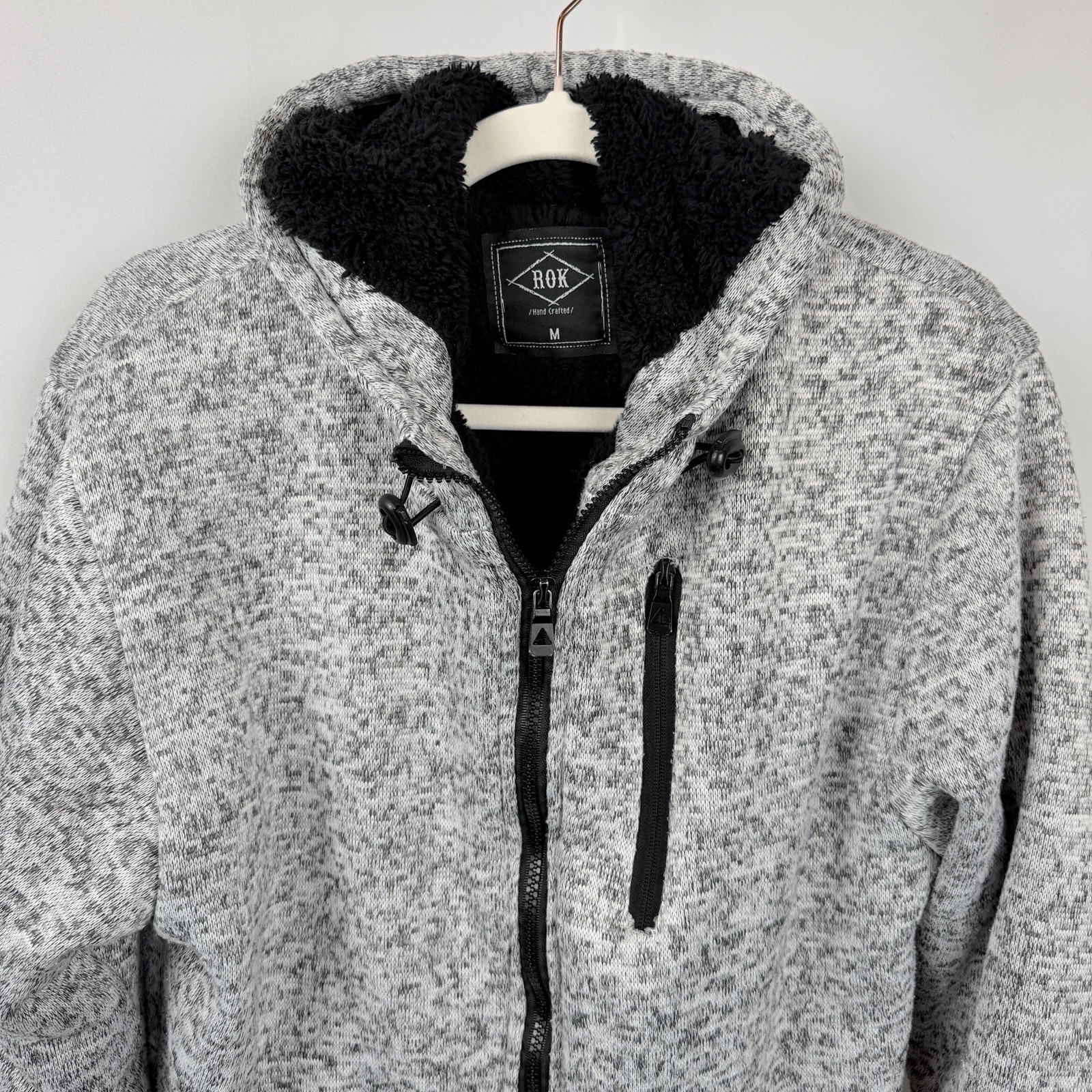 ROX Hand Crafted Sherpa Lined Hoodie Jacket Mens M Full Zip Gray Marled Fleece