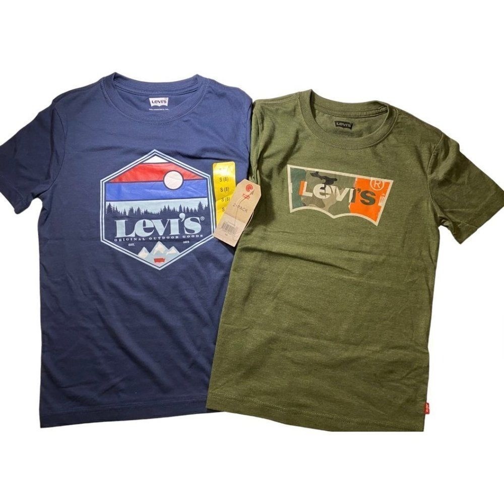 Levi’s Graphic T-Shirt 2-Pack Kids Size S 8 Navy Olive New Batwing Mountain