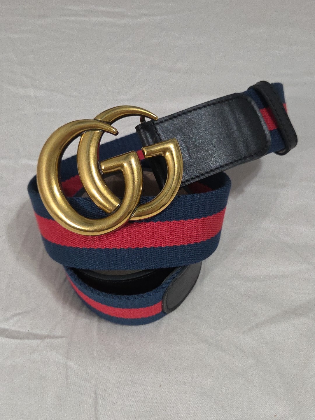 Gucci GG Brass Buckle Striped Navy Red Dress Belt Men’s 36-38 IT 105CM
